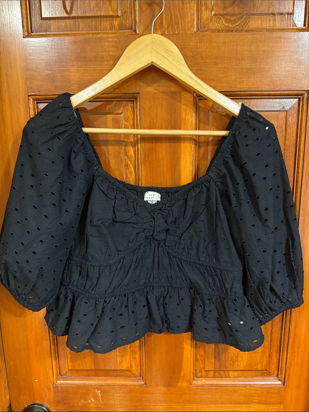 a new day Black Eyelet Puff-Sleeve Peplum Blouse